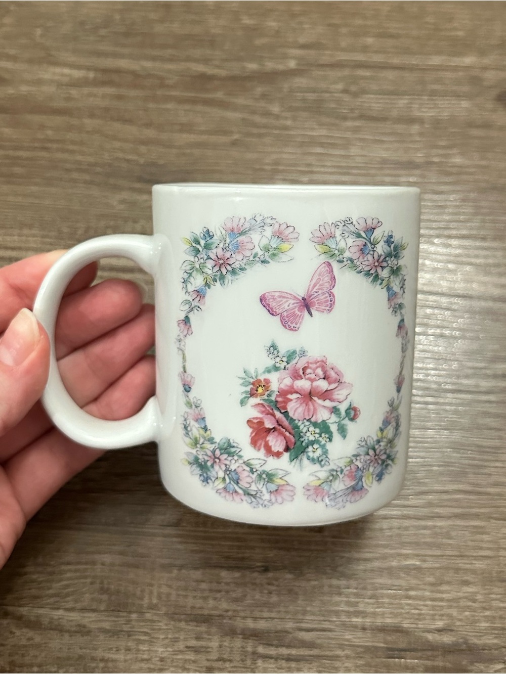 Vintage White Floral Butterfly Ceramic Coffee Mug with Pink Accents